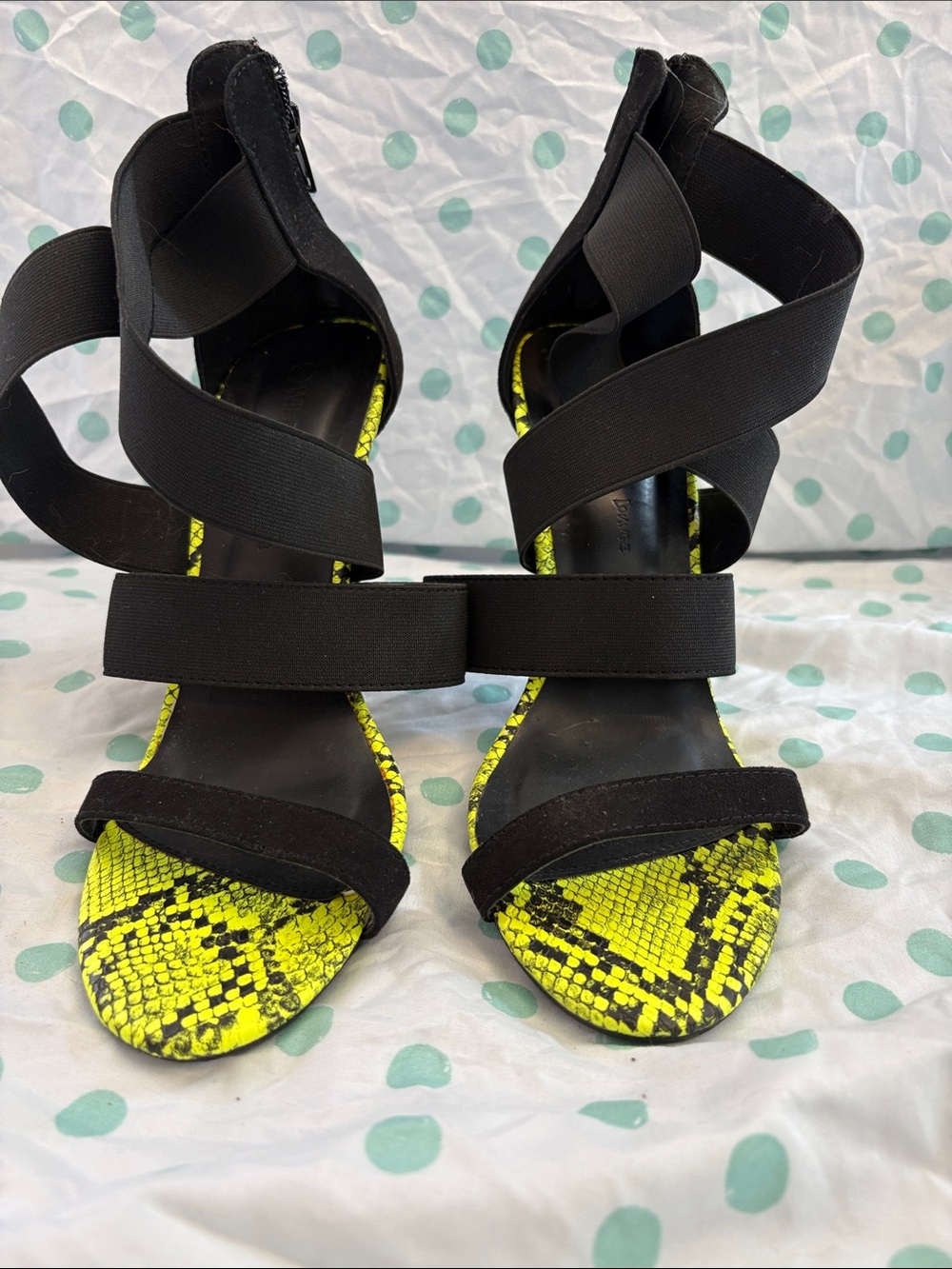 Wild Diva Black Strappy Heels with Neon Yellow Snake-Print Insole